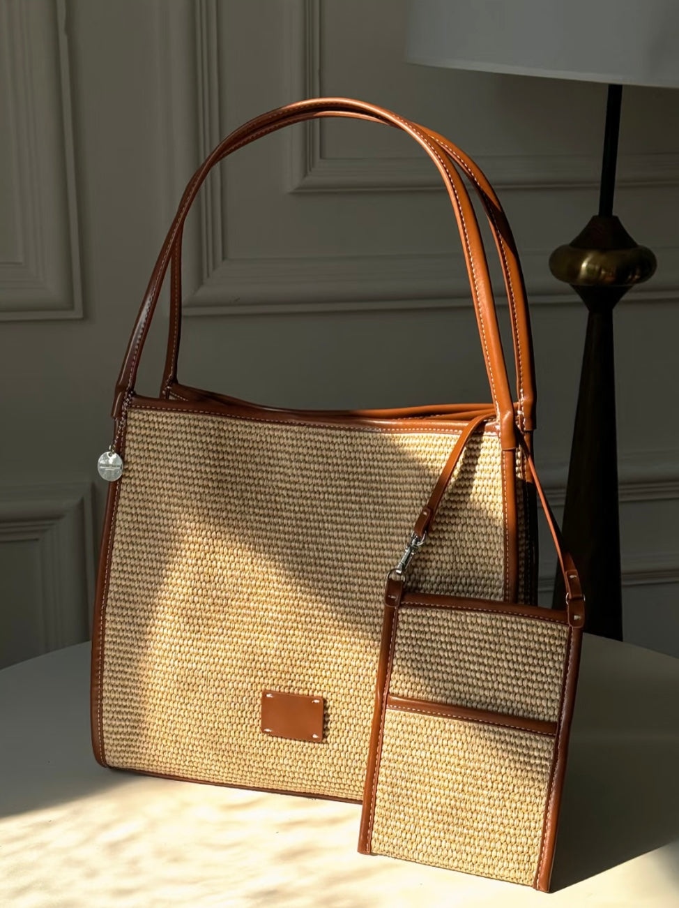 Inaya Woven Straw Tote Shoulder Bag  - Khaki