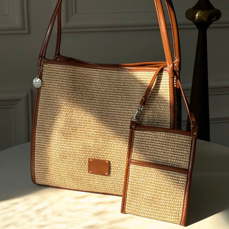 Inaya Woven Straw Tote Shoulder Bag  - Khaki