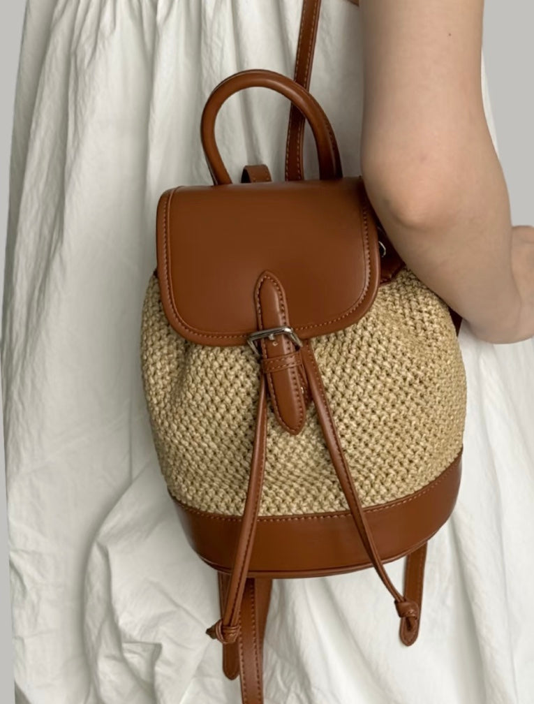 Zaina Raffia Woven Small Backpack - Straw Brown
