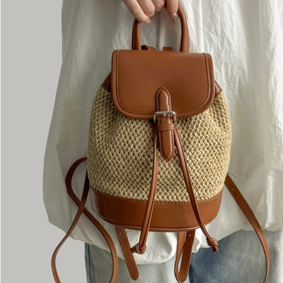 Zaina Raffia Woven Small Backpack - Straw Brown