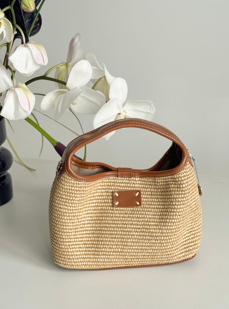 Hadia Raffia Woven Bucket Shoulder Bag - Light Brown