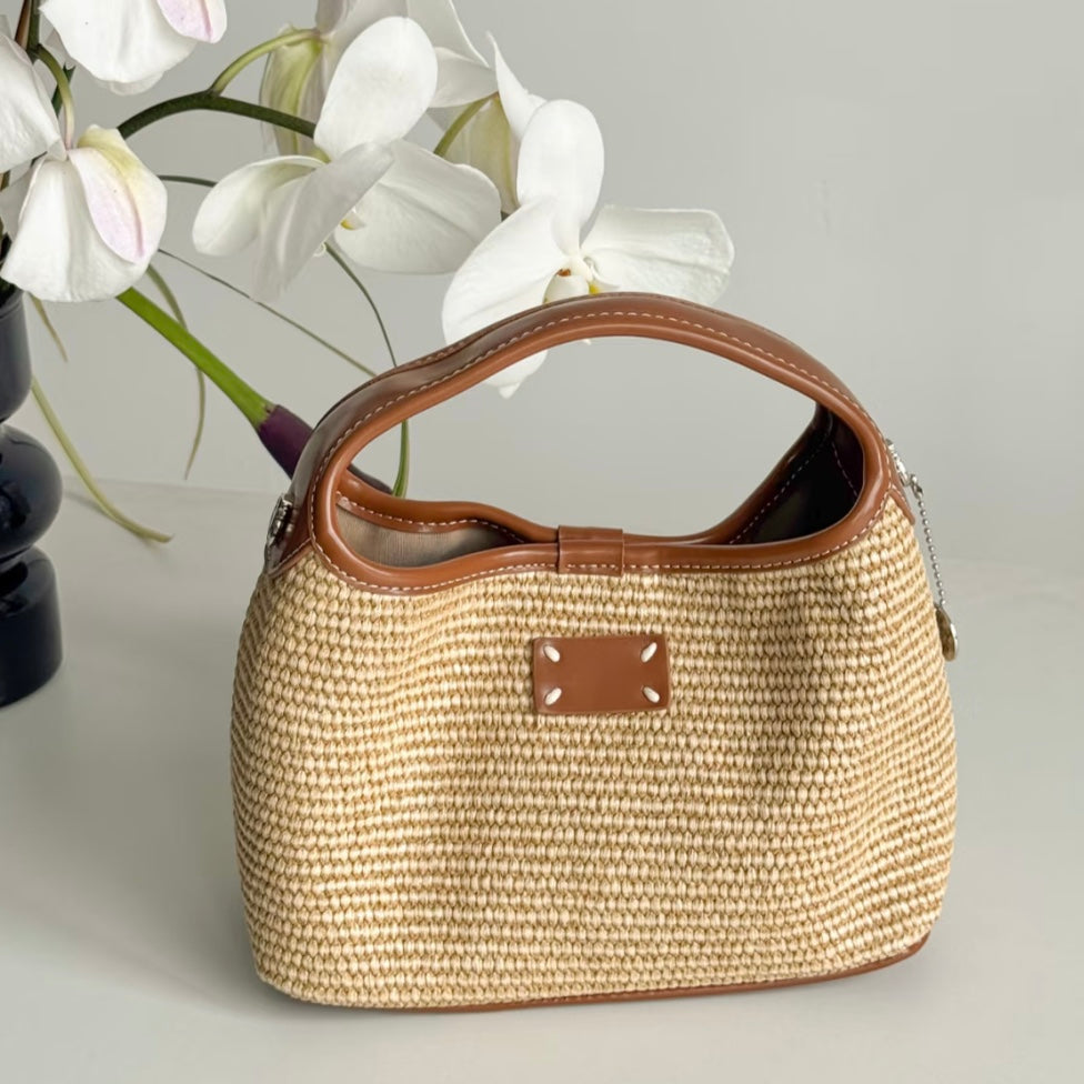 Hadia Raffia Woven Bucket Shoulder Bag - Light Brown