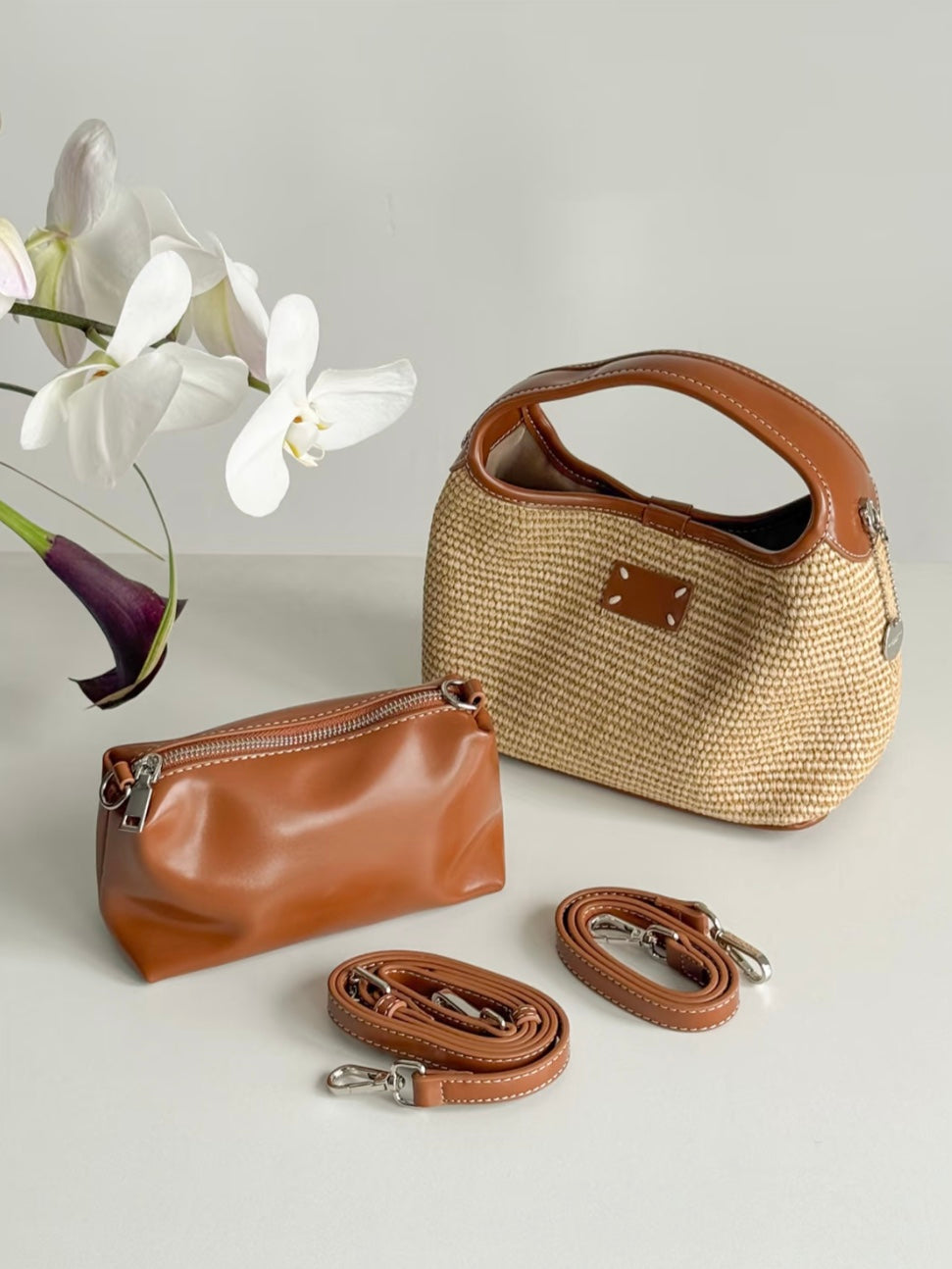 Hadia Raffia Woven Bucket Shoulder Bag - Light Brown