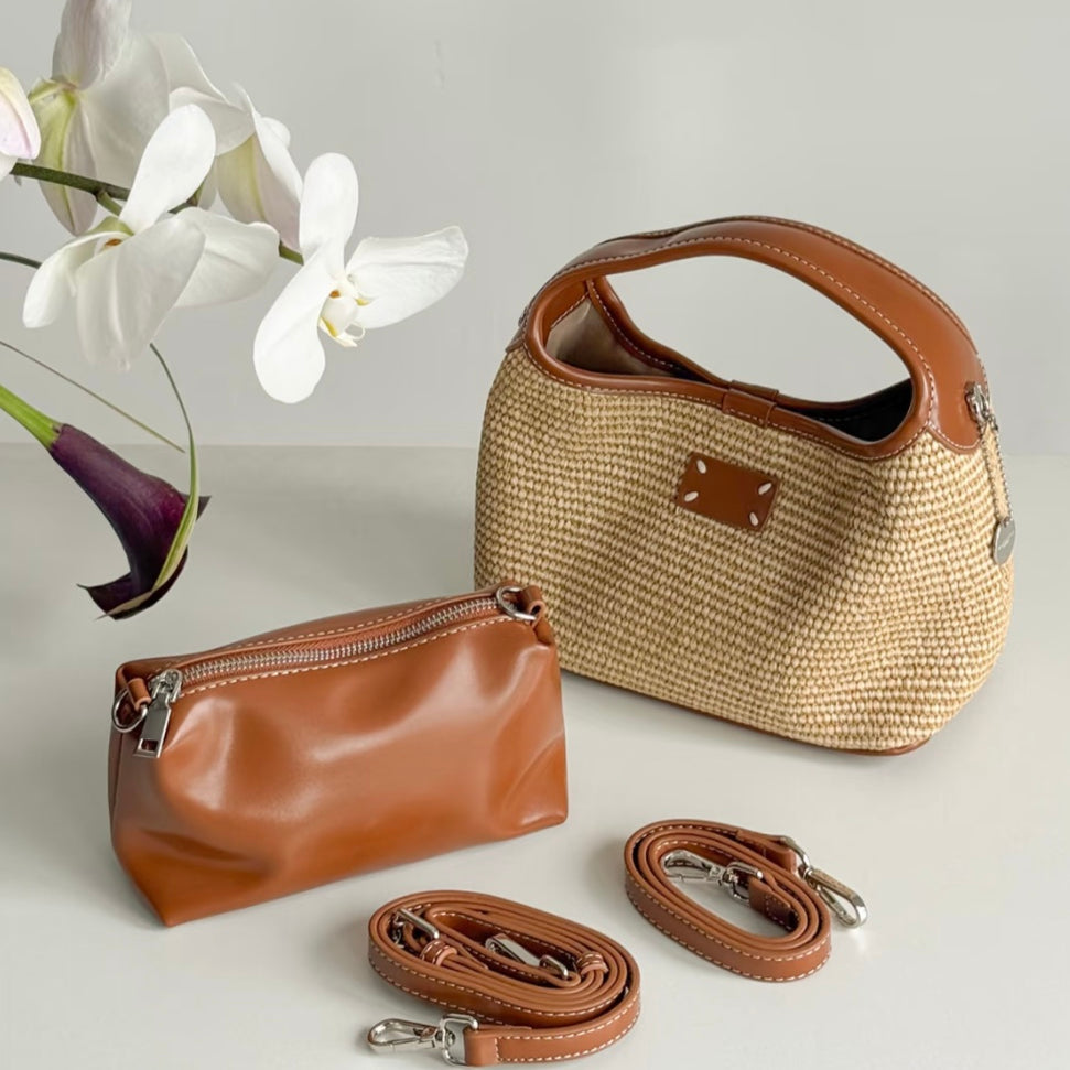 Hadia Raffia Woven Bucket Shoulder Bag - Light Brown