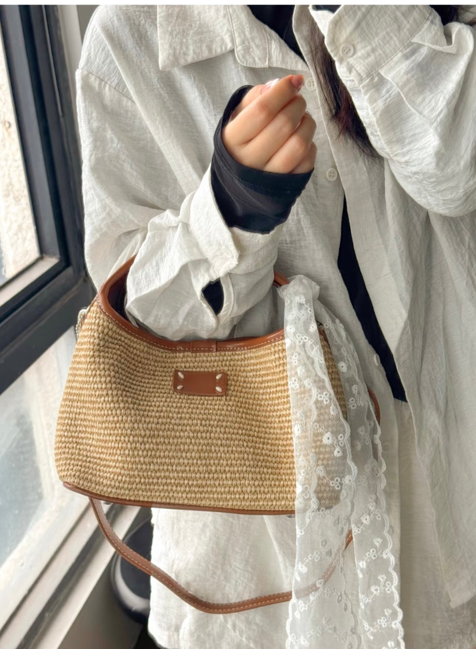 Hadia Raffia Woven Bucket Shoulder Bag - Light Brown