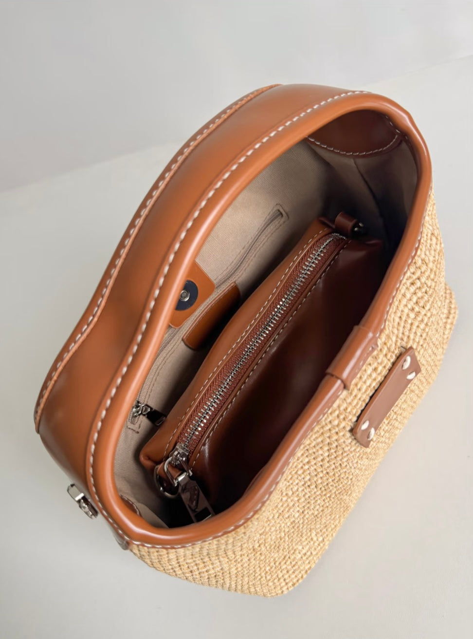 Hadia Raffia Woven Bucket Shoulder Bag - Light Brown