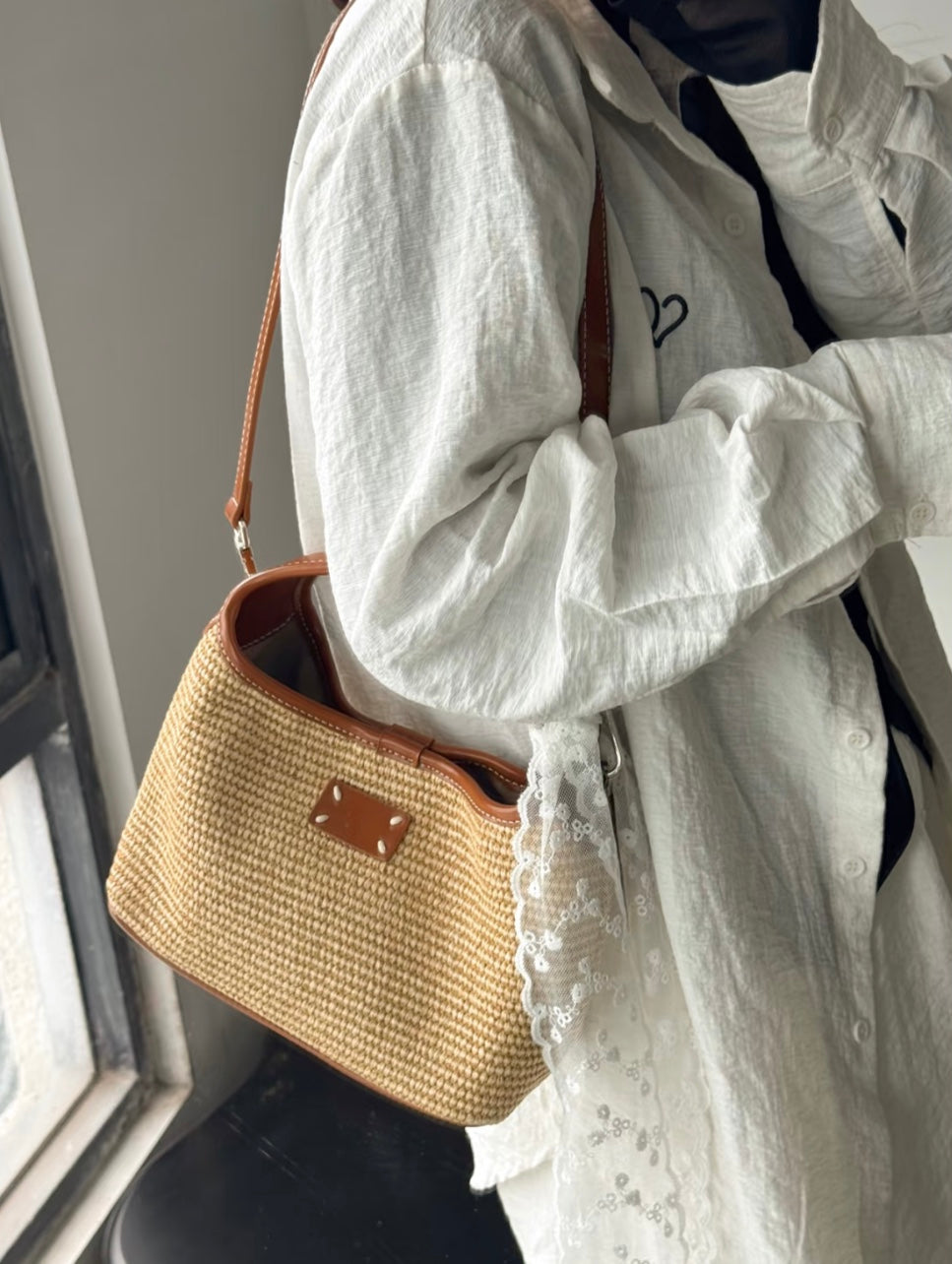 Hadia Raffia Woven Bucket Shoulder Bag - Light Brown