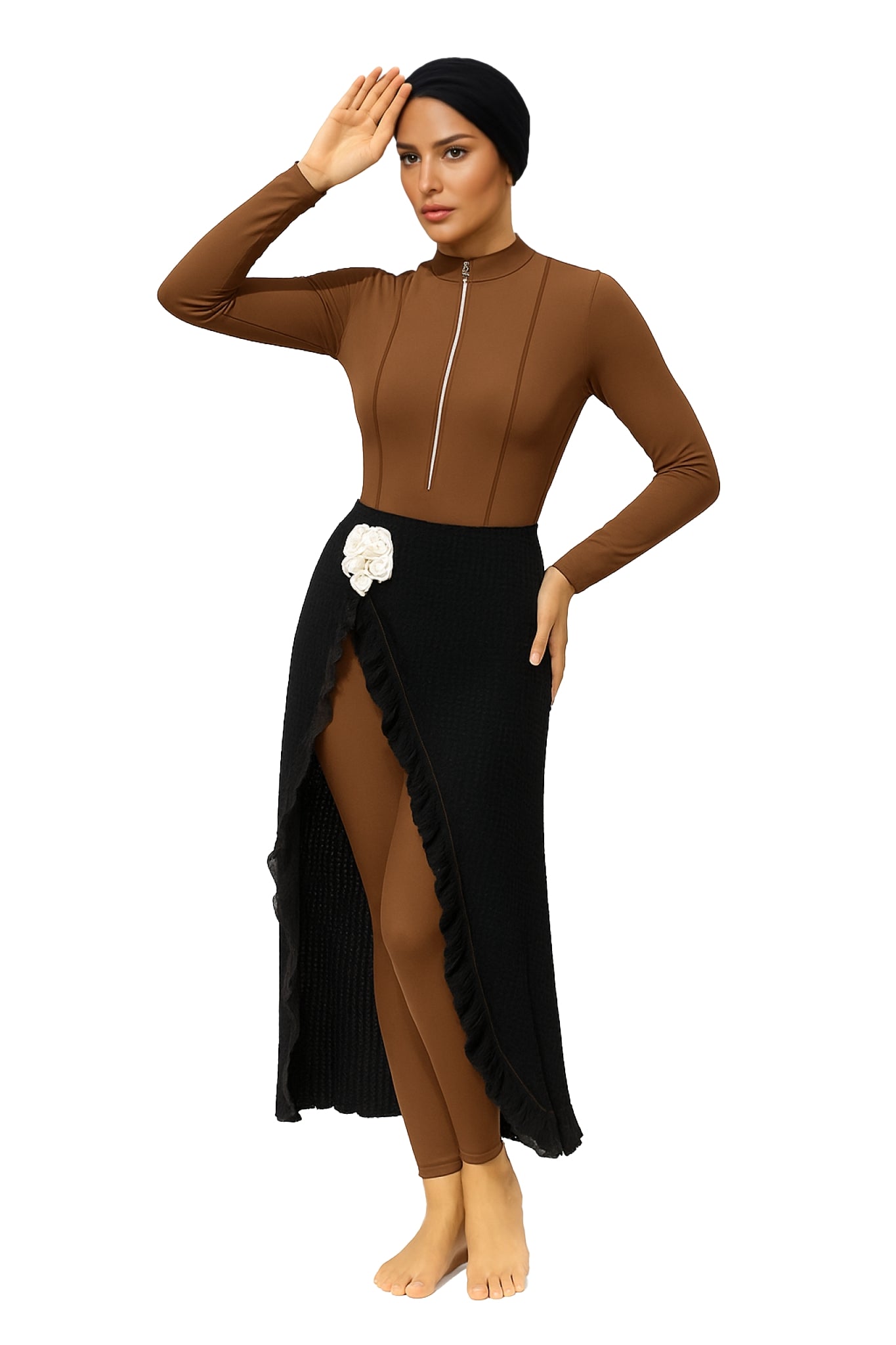 Yasmin Modest Burkini 3-Piece Full Coverage Swim Set - Cocoa Brown & Black