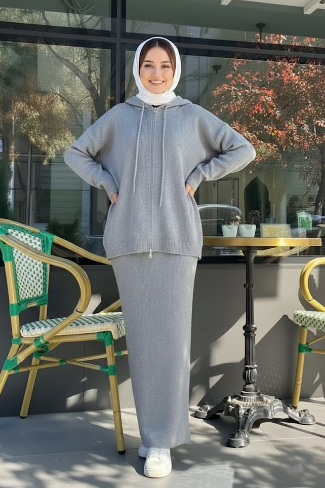 Cozy Rib-Knit Hoodie & Long Dress Set – Grey
