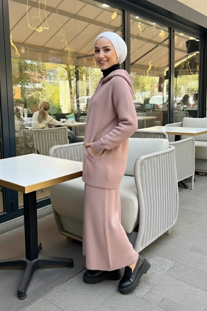 Cozy Rib-Knit Hoodie & Long Dress Set – Dusty Rose