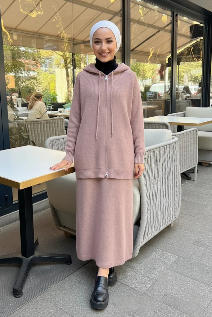 Cozy Rib-Knit Hoodie & Long Dress Set – Dusty Rose