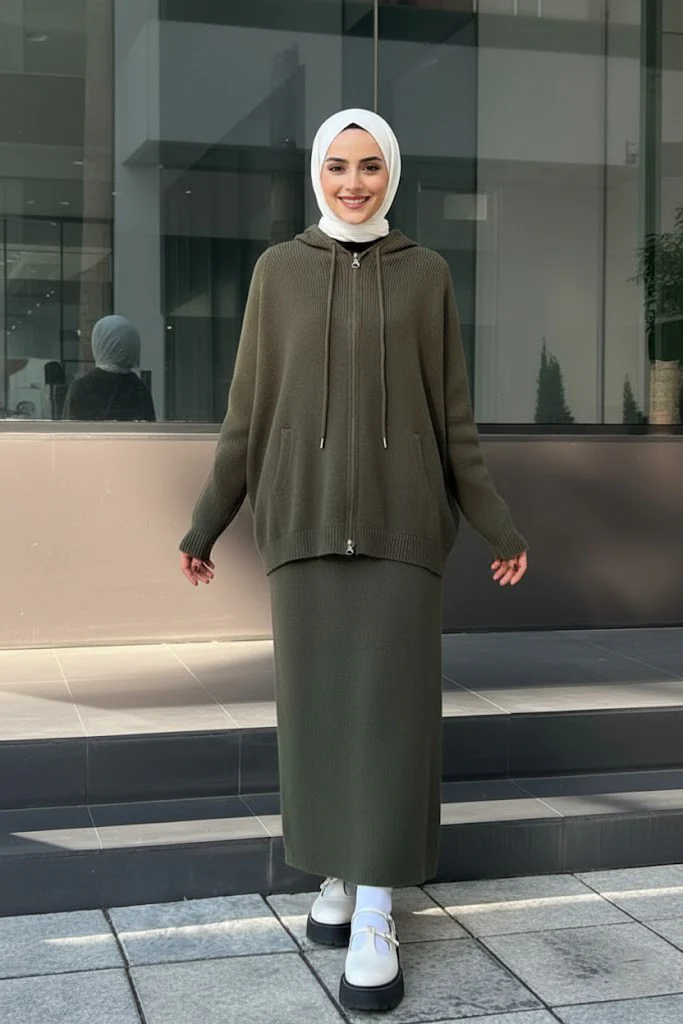 Cozy Rib-Knit Hoodie & Long Dress Set – Olive