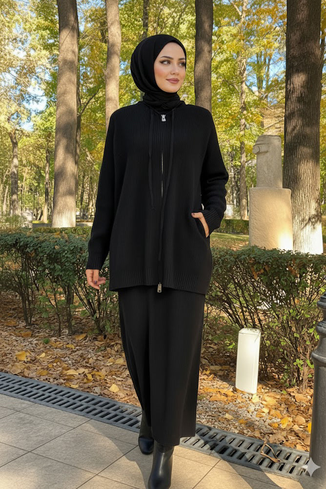 Cozy Rib-Knit Hoodie & Long Dress Set — Black
