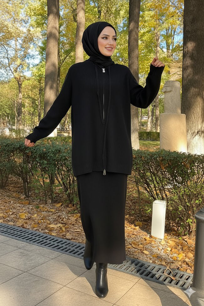 Cozy Rib-Knit Hoodie & Long Dress Set — Black