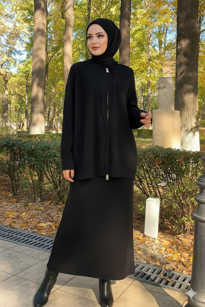 Cozy Rib-Knit Hoodie & Long Dress Set — Black