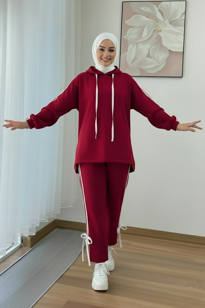 Breathable Stretch Hoodie & Pants Set – Burgundy