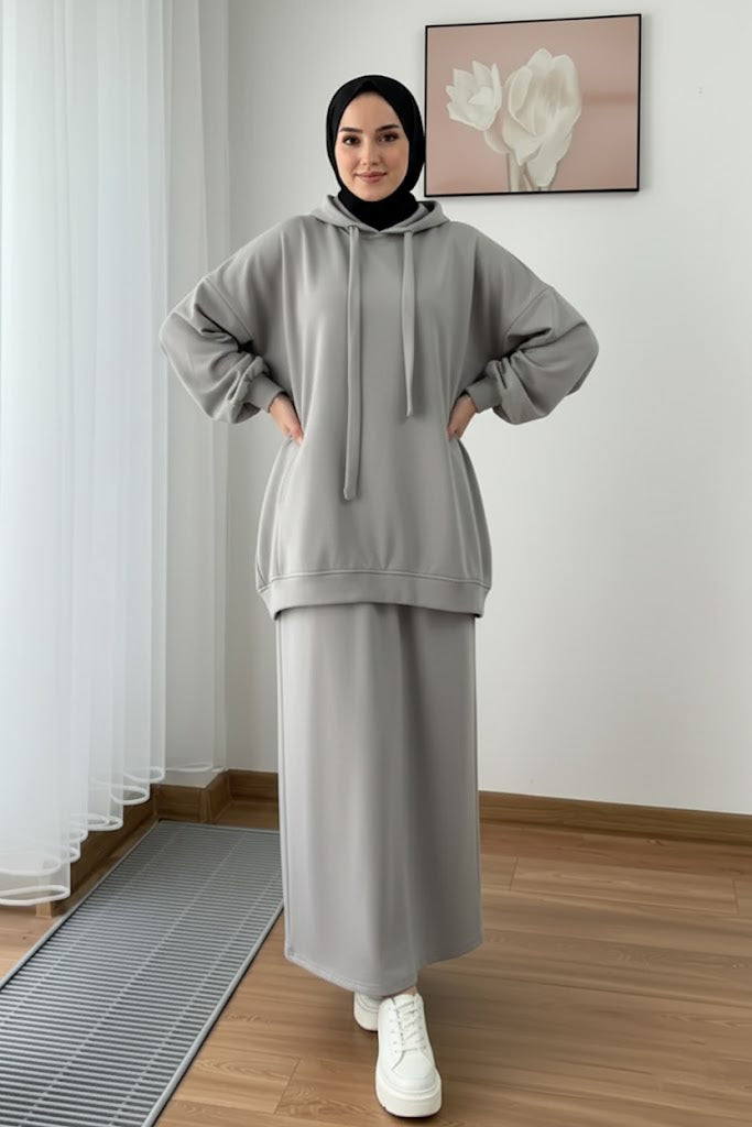 Warm Fleece Hoodie & Long Dress Set – Grey