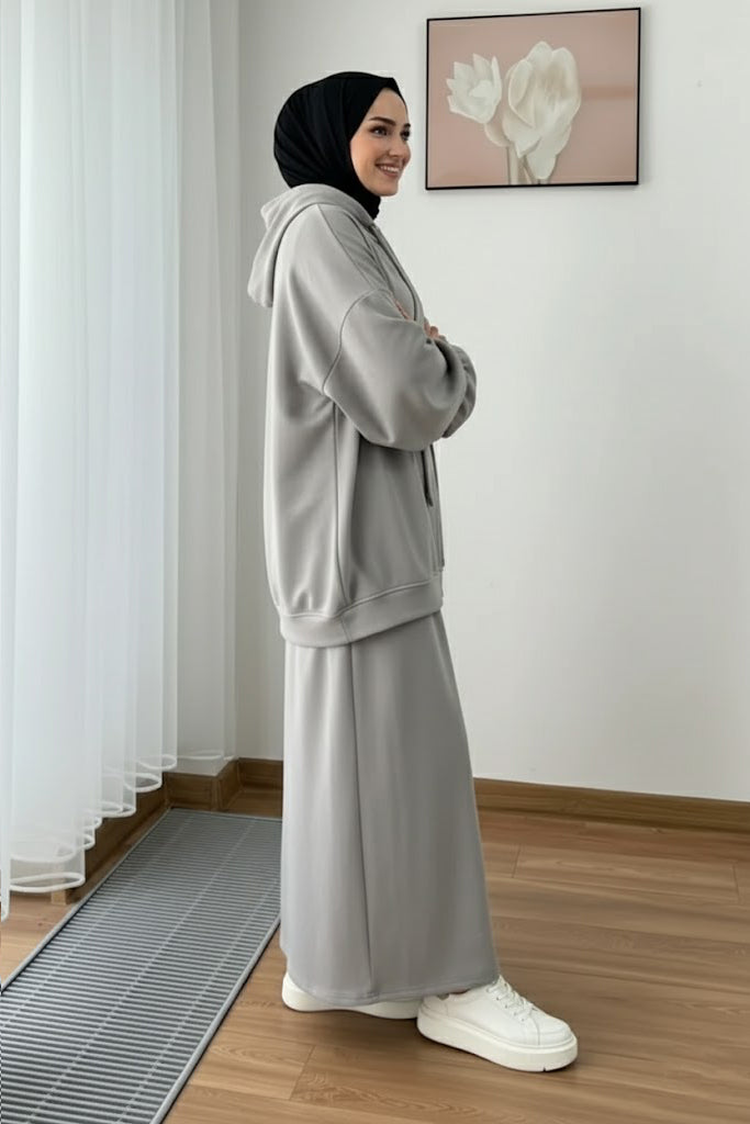 Warm Fleece Hoodie & Long Dress Set – Grey