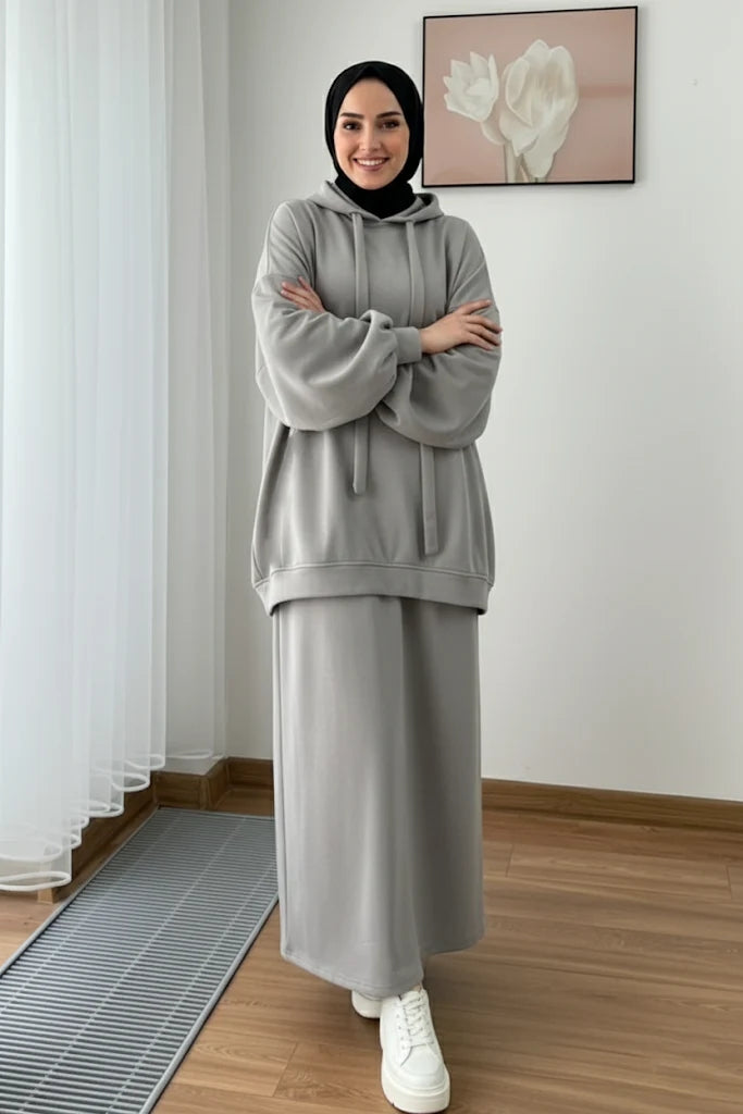 Warm Fleece Hoodie & Long Dress Set – Grey