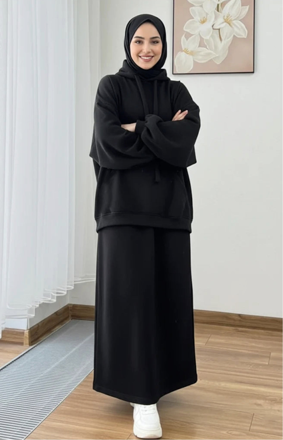 Warm Fleece Hoodie & Long Dress Set – Black