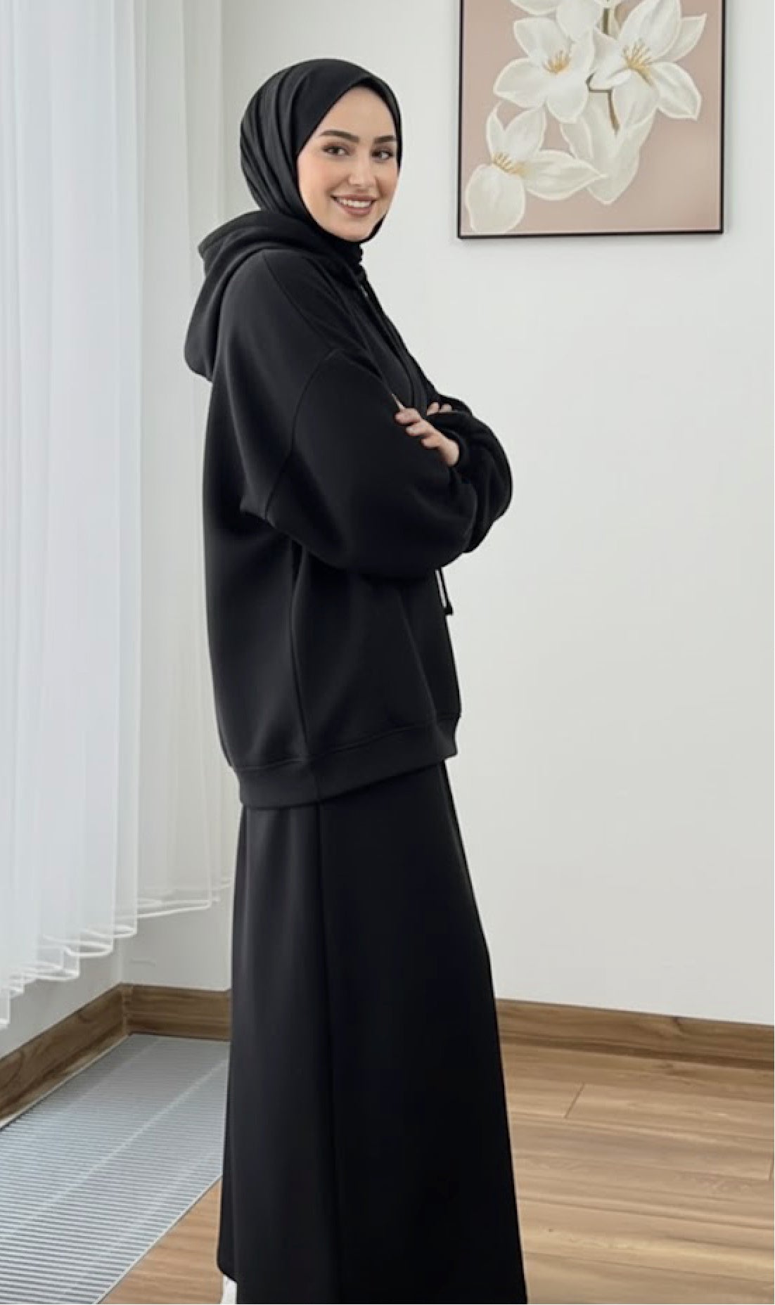 Warm Fleece Hoodie & Long Dress Set – Black