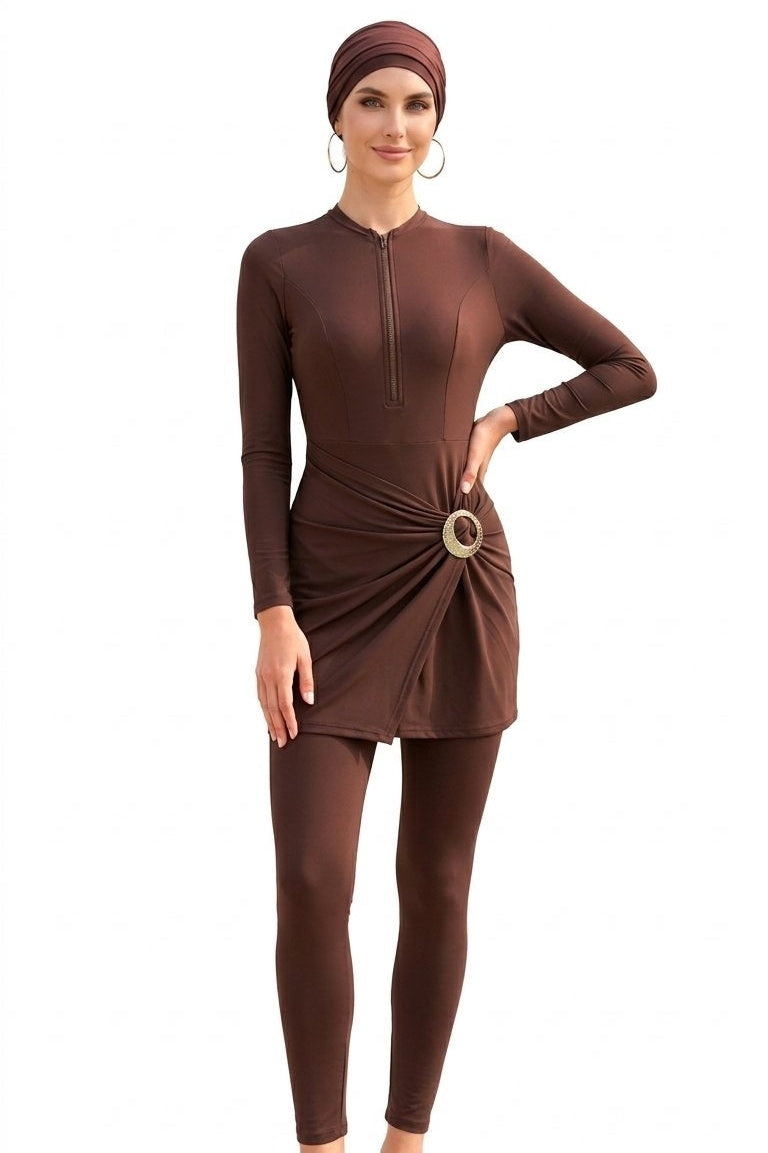 Aisha Modest Burkini 3-Piece Full Coverage Swim Set - Chocolate Brown