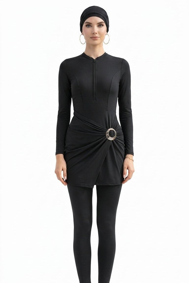 Aisha Modest Burkini 3-Piece Full Coverage Swim Set - Black