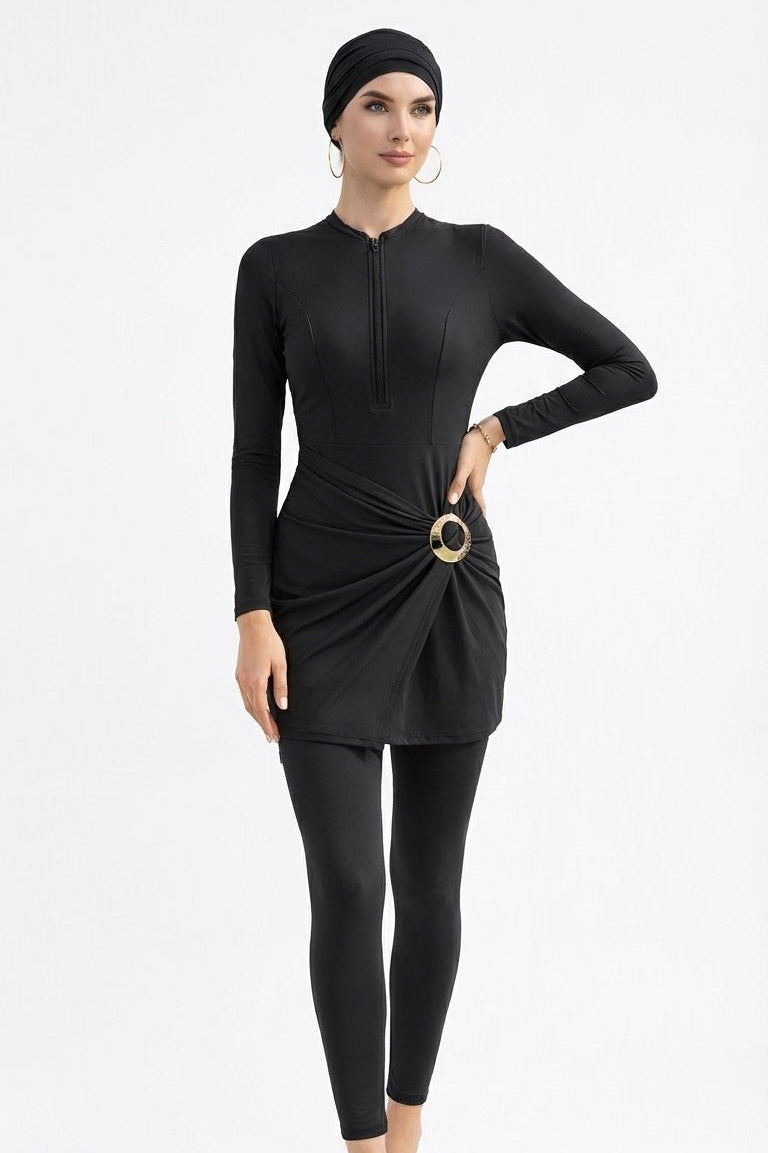 Aisha Modest Burkini 3-Piece Full Coverage Swim Set - Black