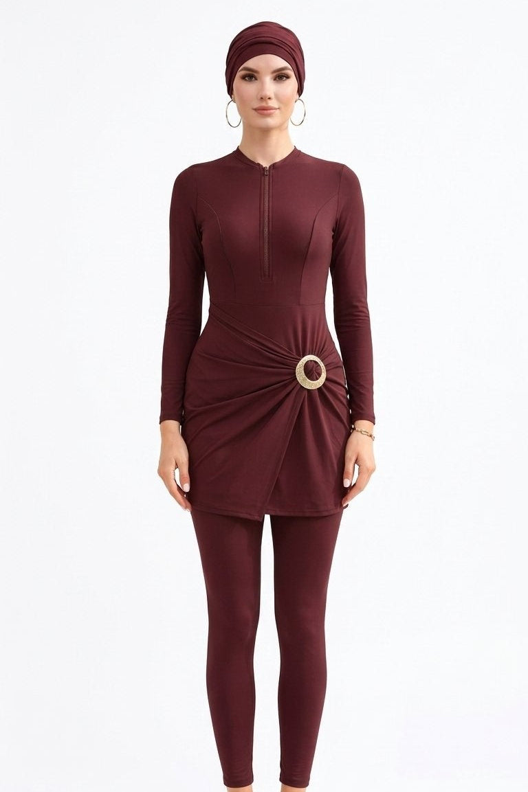 Aisha Modest Burkini 3-Piece Full Coverage Swim Set - Burgundy