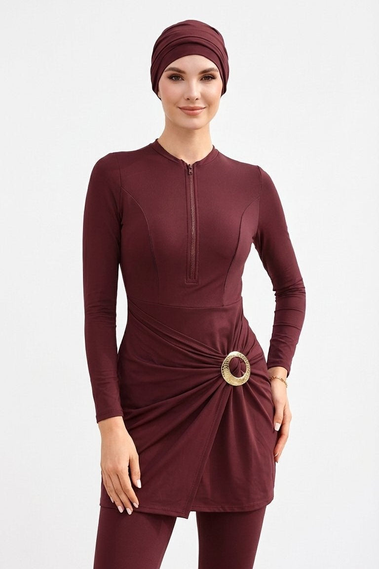 Aisha Modest Burkini 3-Piece Full Coverage Swim Set - Burgundy