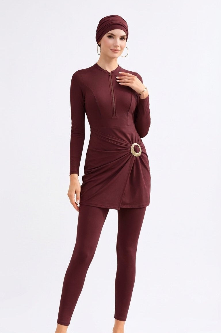 Aisha Modest Burkini 3-Piece Full Coverage Swim Set - Burgundy