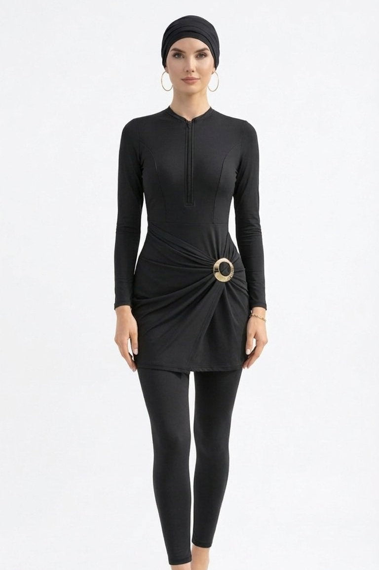 Aisha Modest Burkini 3-Piece Full Coverage Swim Set - Black