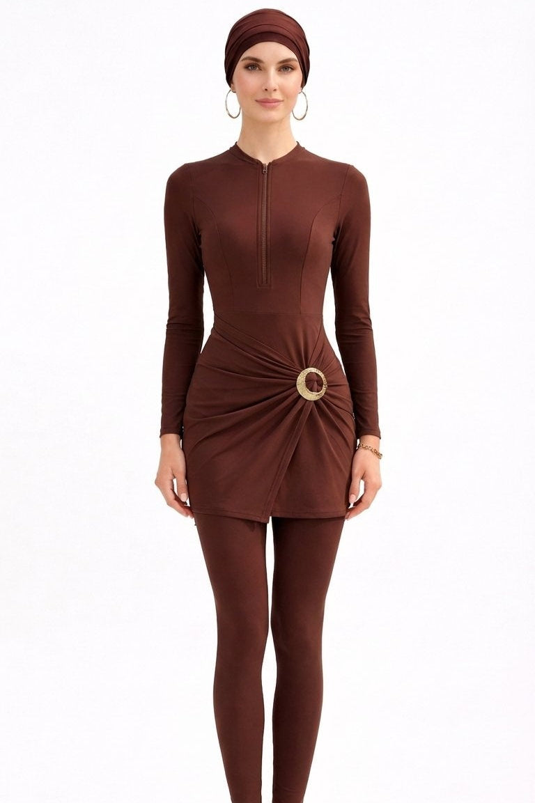 Aisha Modest Burkini 3-Piece Full Coverage Swim Set - Chocolate Brown