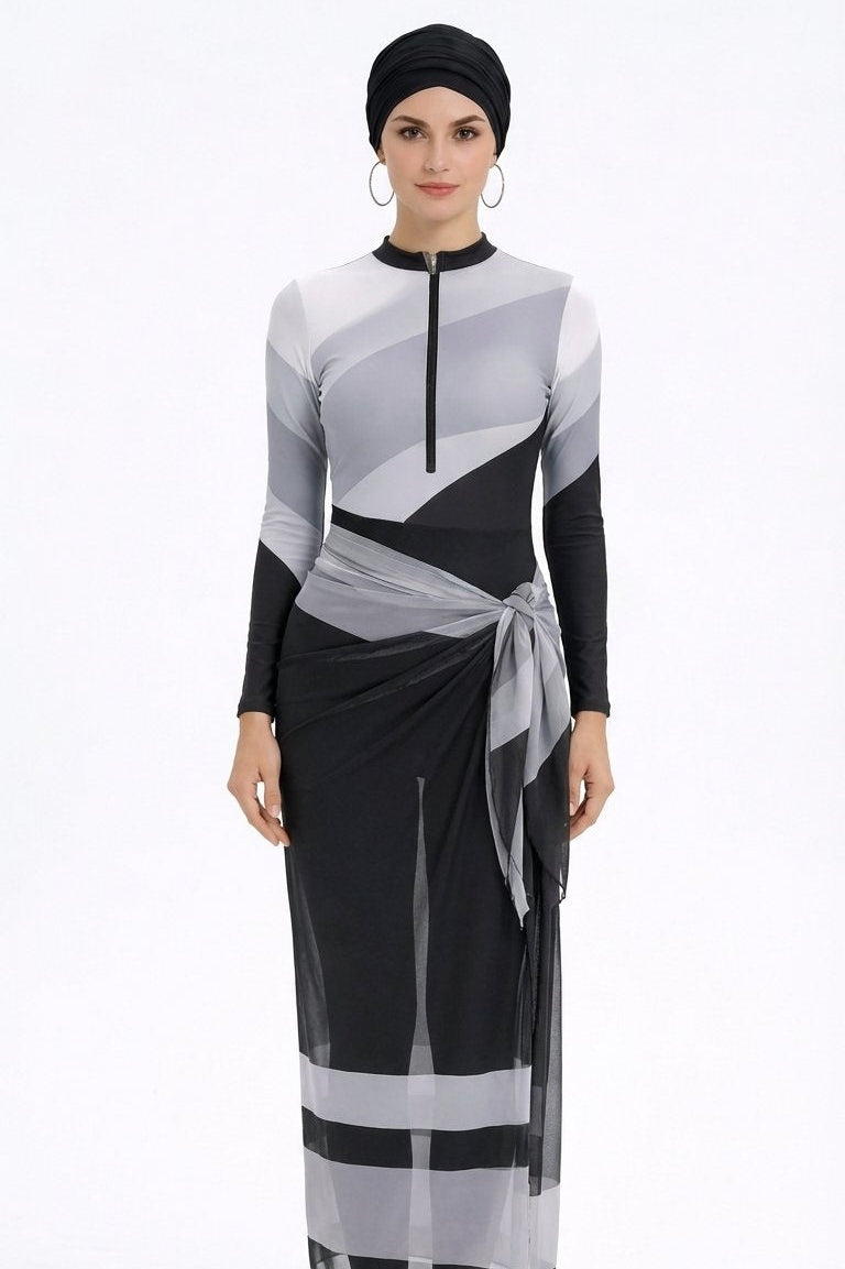 Farida Modest Burkini 4-Piece Full Coverage Swim Set -Black White Wave