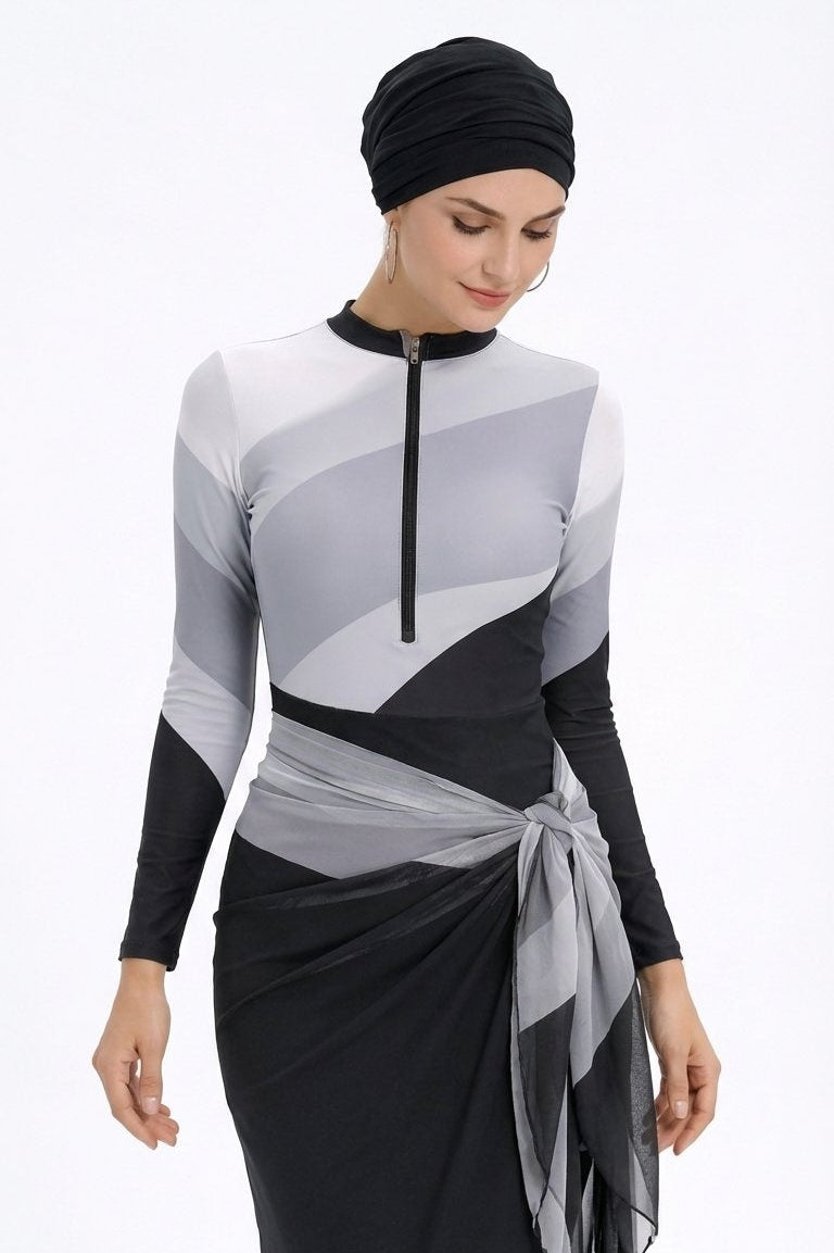 Farida Modest Burkini 4-Piece Full Coverage Swim Set -Black White Wave