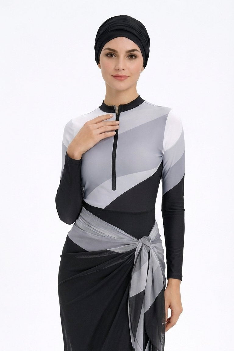 Farida Modest Burkini 4-Piece Full Coverage Swim Set -Black White Wave