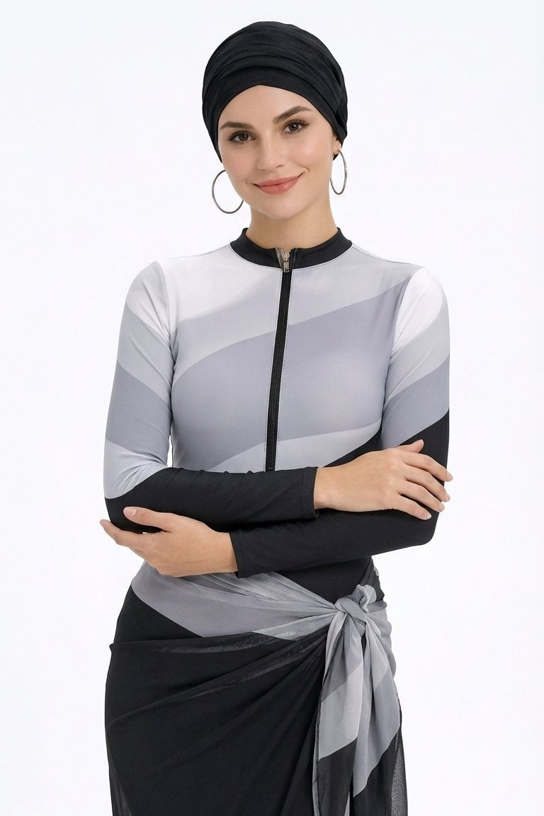 Farida Modest Burkini 4-Piece Full Coverage Swim Set -Black White Wave