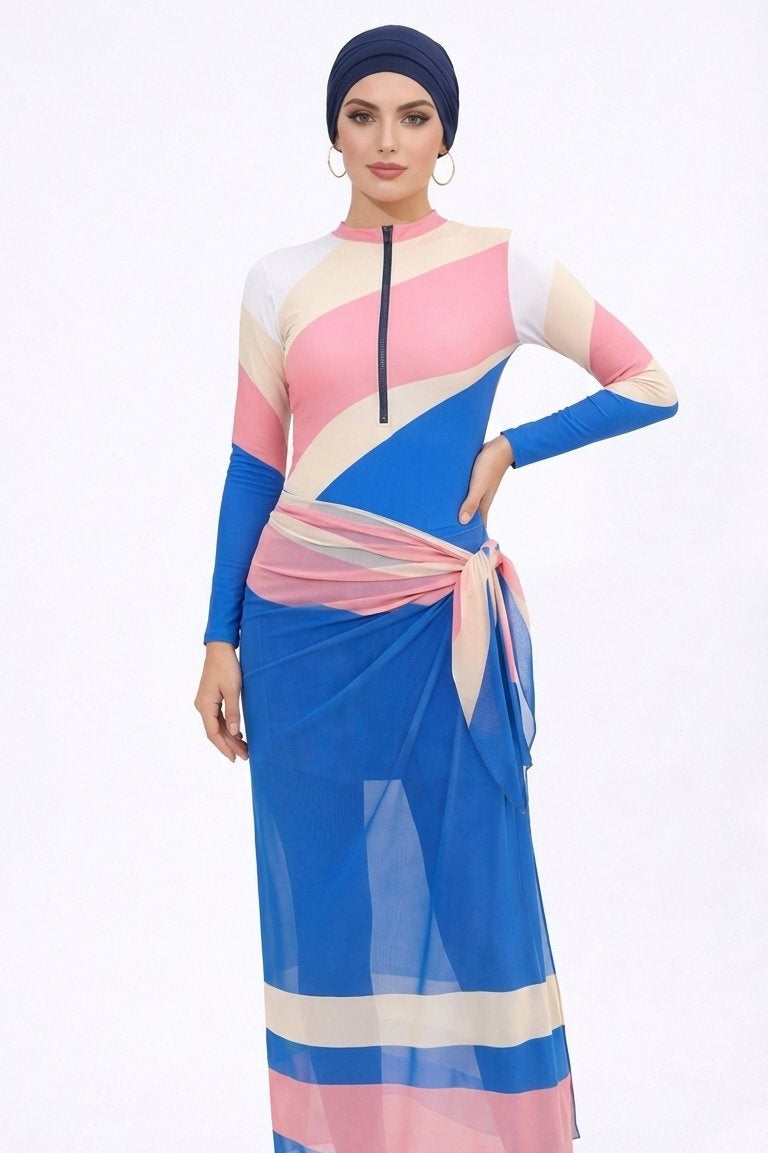 Farida Modest Burkini 4-Piece Full Coverage Swim Set -Blue Pink Wave