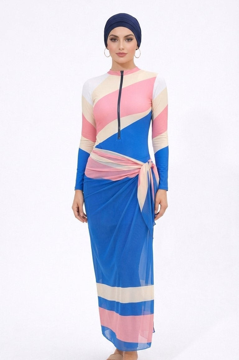 Farida Modest Burkini 4-Piece Full Coverage Swim Set -Blue Pink Wave