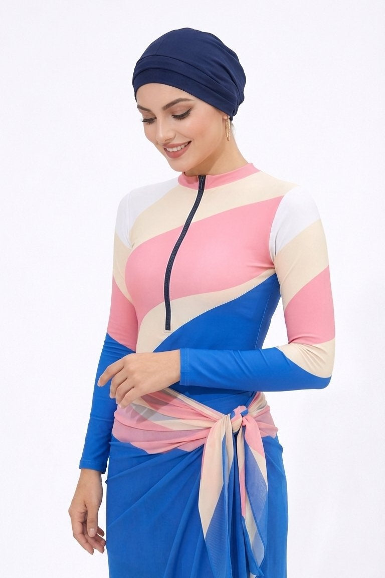 Farida Modest Burkini 4-Piece Full Coverage Swim Set -Blue Pink Wave