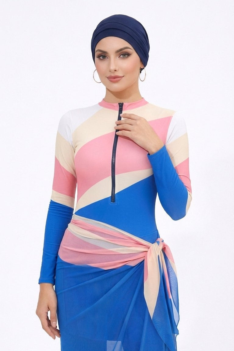 Farida Modest Burkini 4-Piece Full Coverage Swim Set -Blue Pink Wave