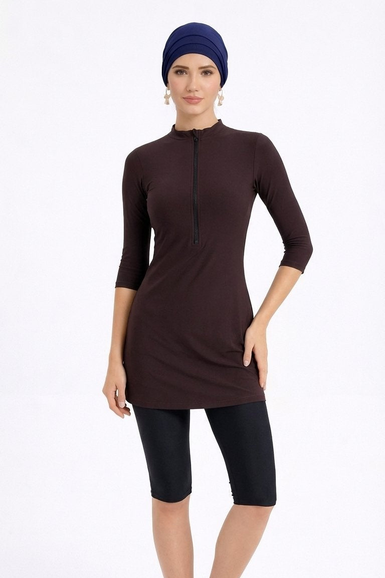 Zaria Mid Sleeve Burkini Modest Swim Set With Turban-Chocolate Brown