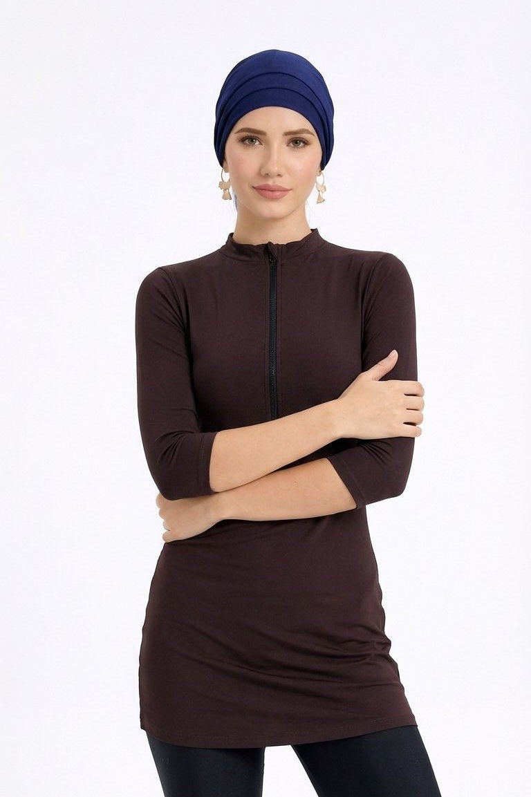 Zaria Mid Sleeve Burkini Modest Swim Set With Turban-Chocolate Brown