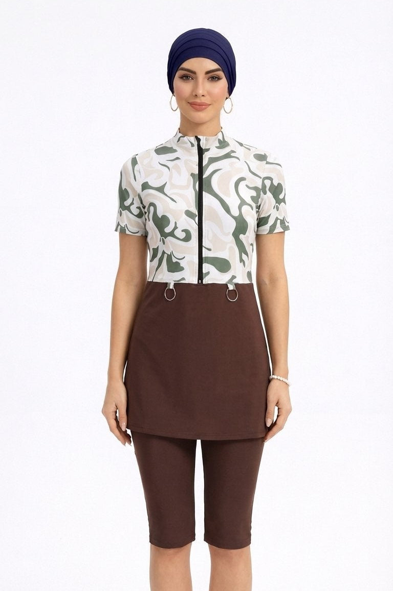 Zareen Mid Sleeve Burkini Modest Swim Set With Turban-Beige & Olive Print