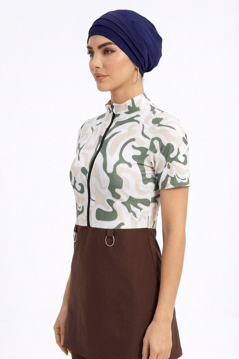 Zareen Mid Sleeve Burkini Modest Swim Set With Turban-Beige & Olive Print