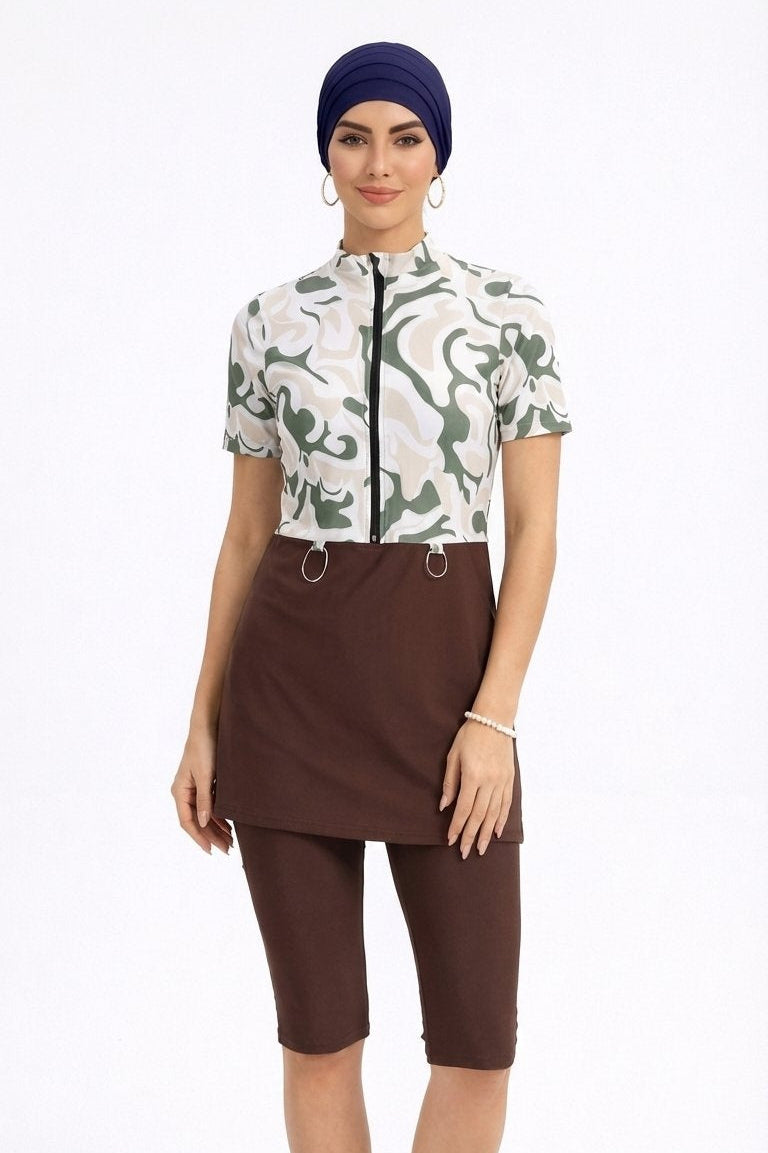 Zareen Mid Sleeve Burkini Modest Swim Set With Turban-Beige & Olive Print