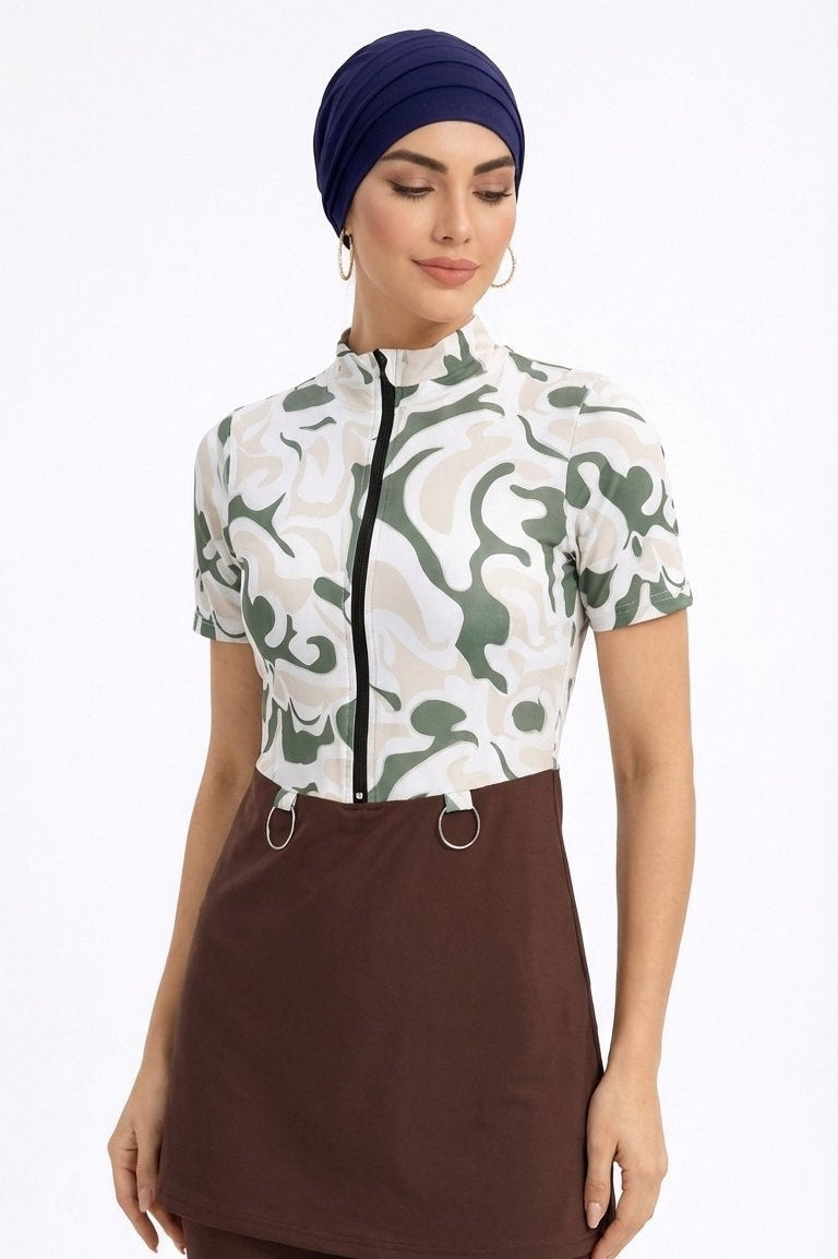 Zareen Mid Sleeve Burkini Modest Swim Set With Turban-Beige & Olive Print