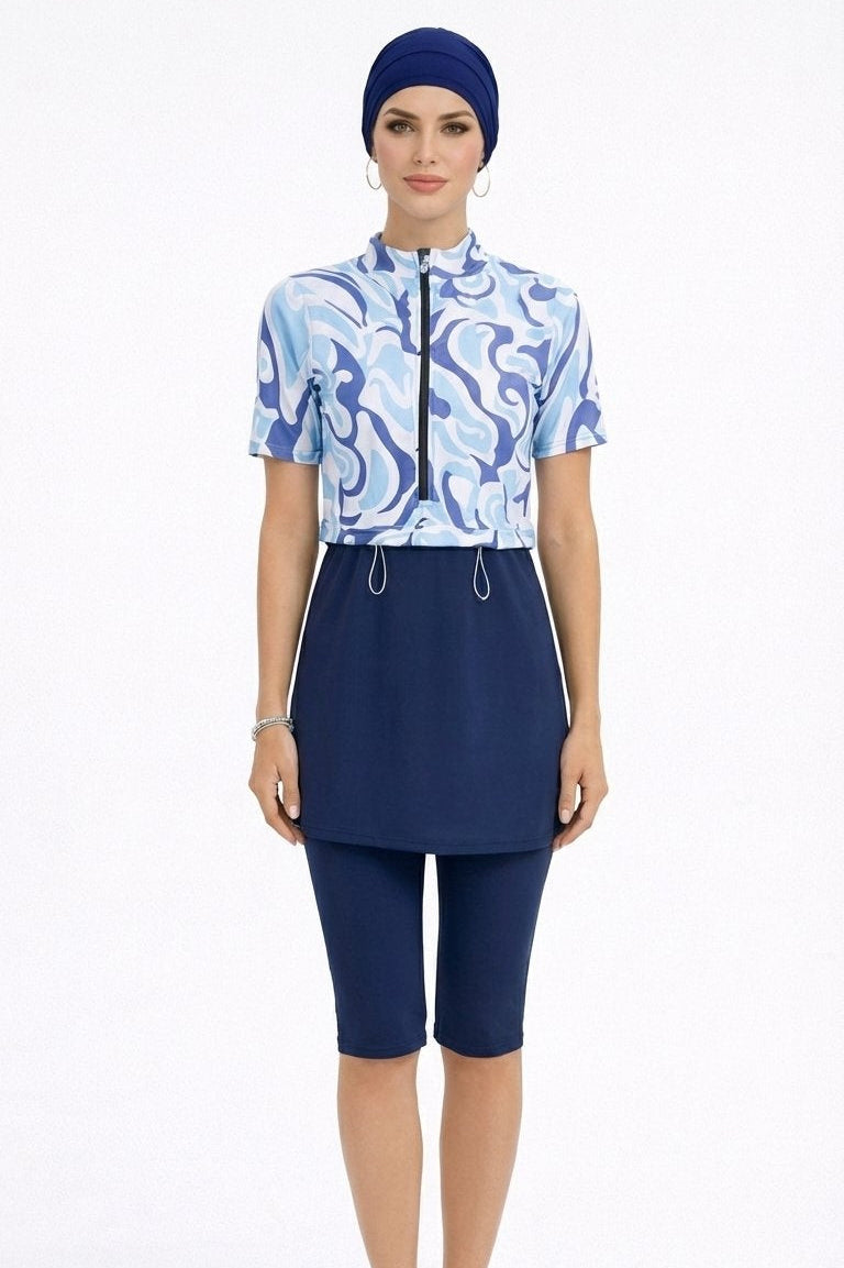 Zareen Mid Sleeve Burkini Modest Swim Set With Turban-Sky Blue Print