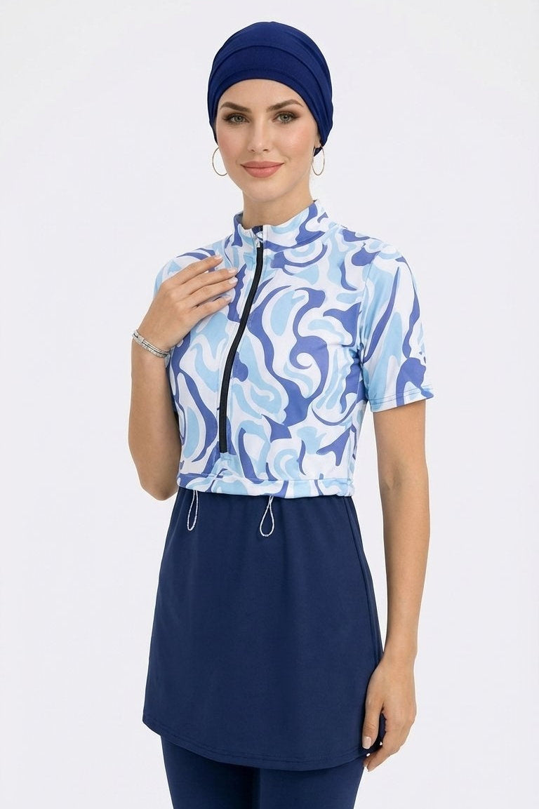 Zareen Mid Sleeve Burkini Modest Swim Set With Turban-Sky Blue Print