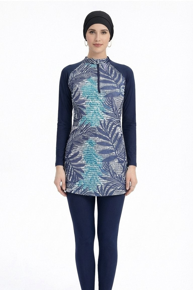 Yara Modest Burkini 3-Piece Elegant Ruched Design Swim Set With Turban-Navy Leaf Print